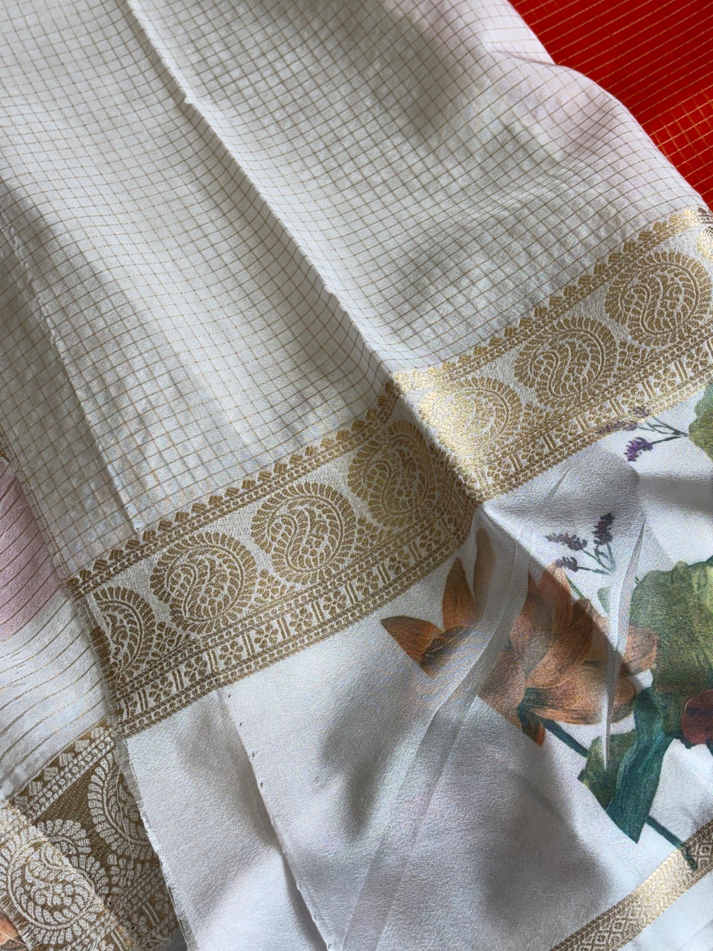 Semi Mysore Silk Checks : Orange - TN075