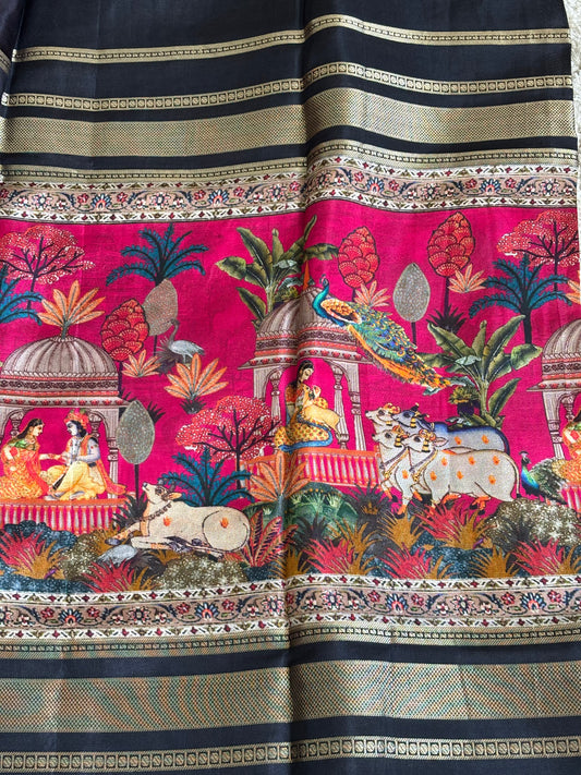 Digital Print Crepe Silk : Black & Pink - TN093