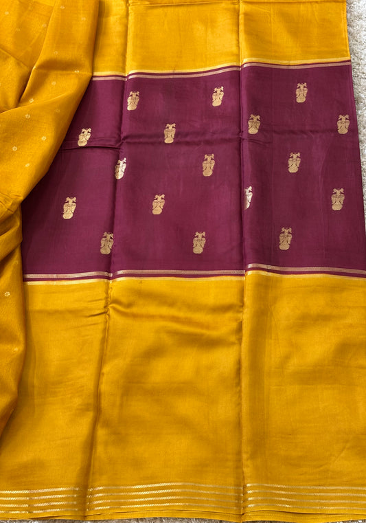 Semi Mysore Silk : Yellow & Maroon - TN078