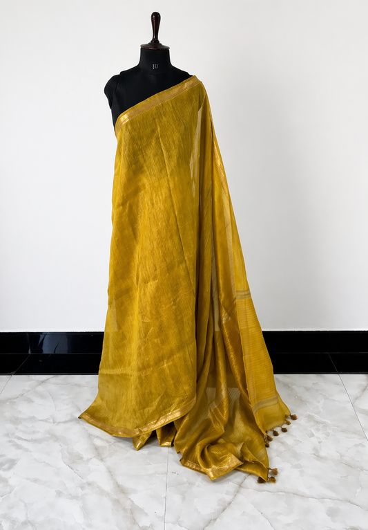 Yellow Pure Linen Saree - TN339