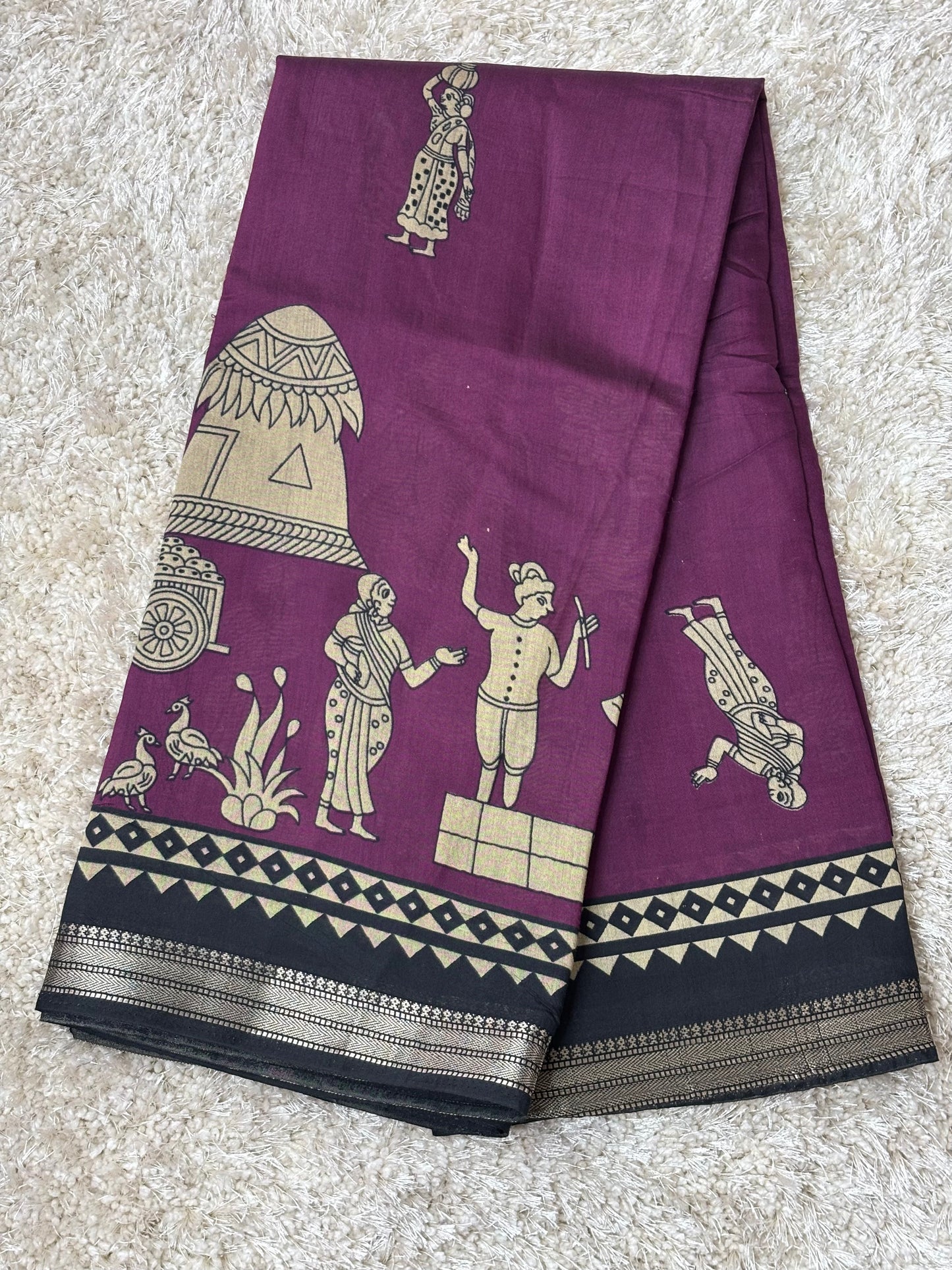 Kalamkari Print Saree : Deep Purple - TN037