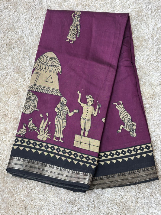 Kalamkari Print Saree : Deep Purple - TN037