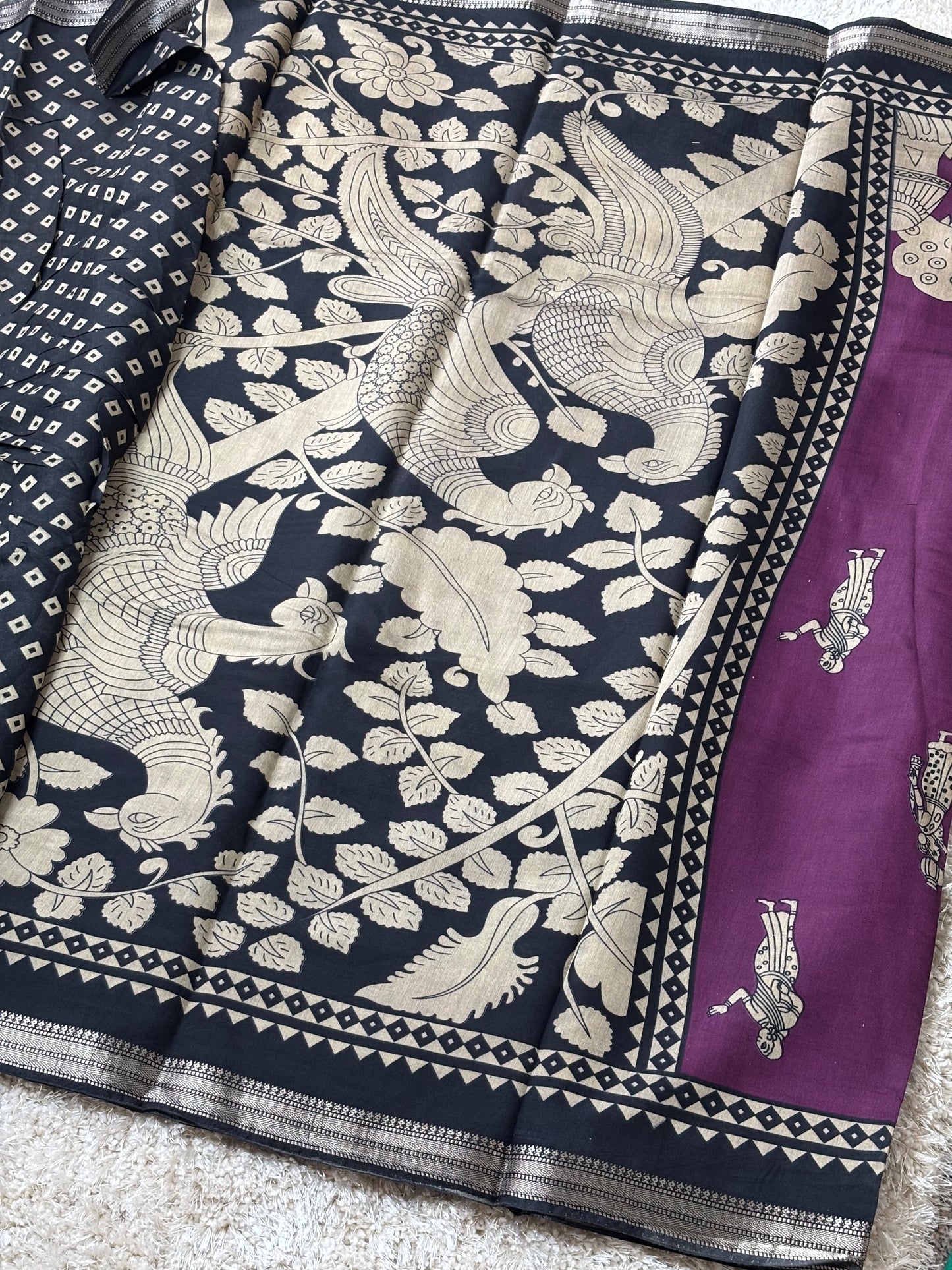 Kalamkari Print Saree : Deep Purple - TN037