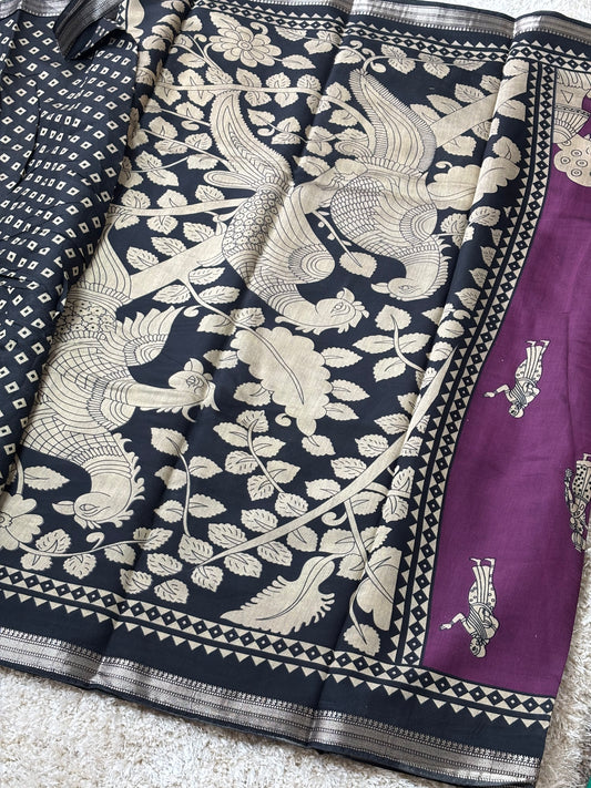 Kalamkari Print Saree : Deep Purple - TN037