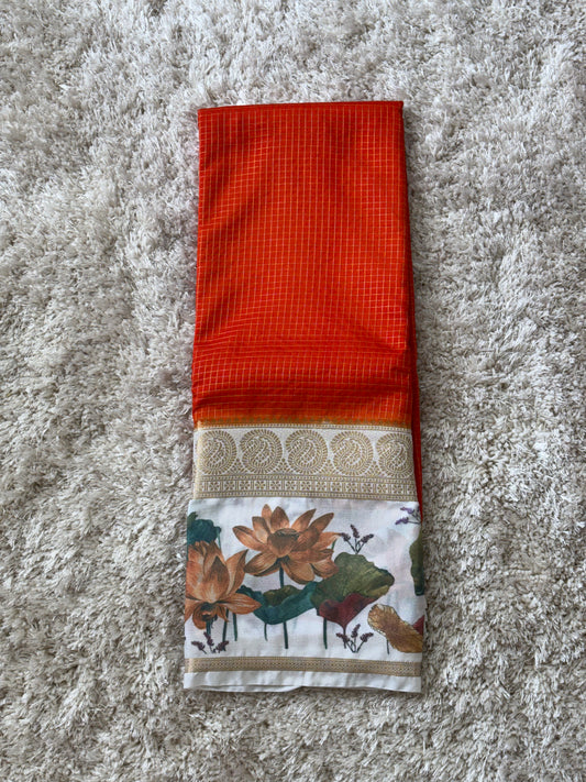 Semi Mysore Silk Checks : Orange - TN075