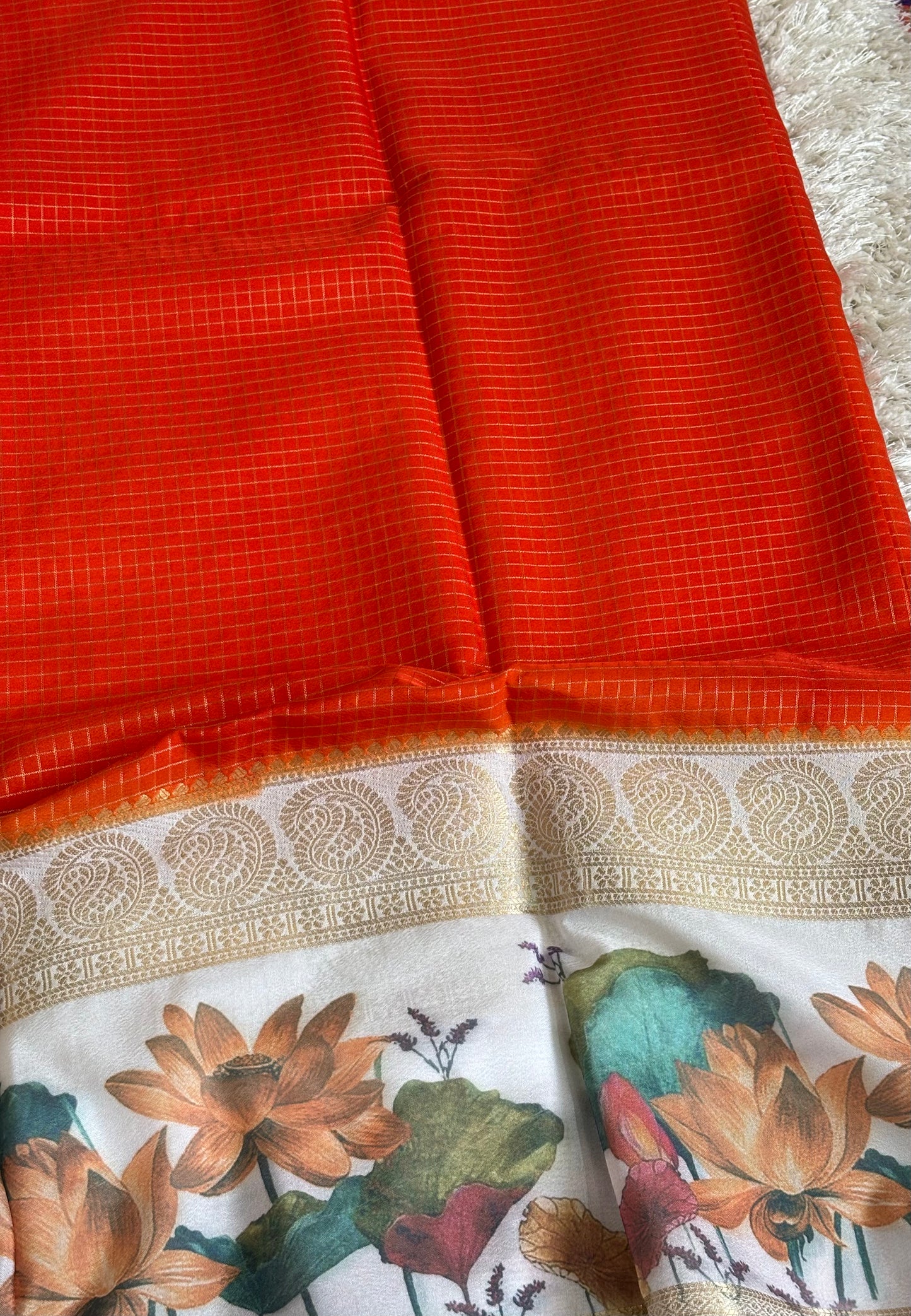 Semi Mysore Silk Checks : Orange - TN075
