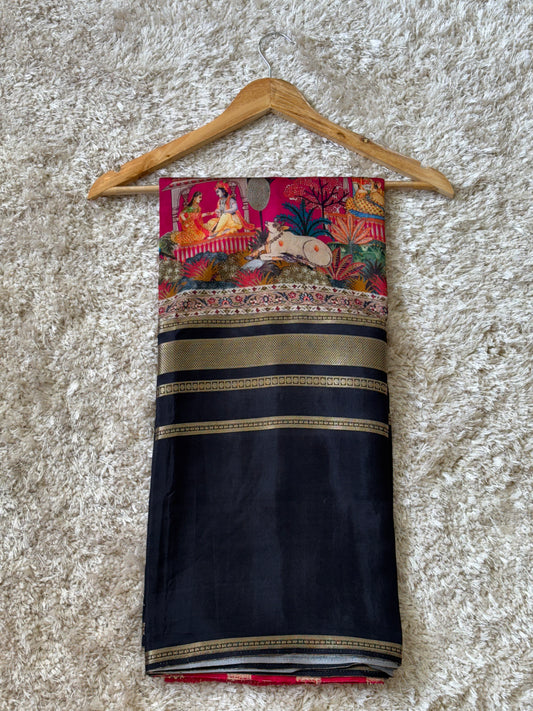 Digital Print Crepe Silk : Black & Pink - TN093