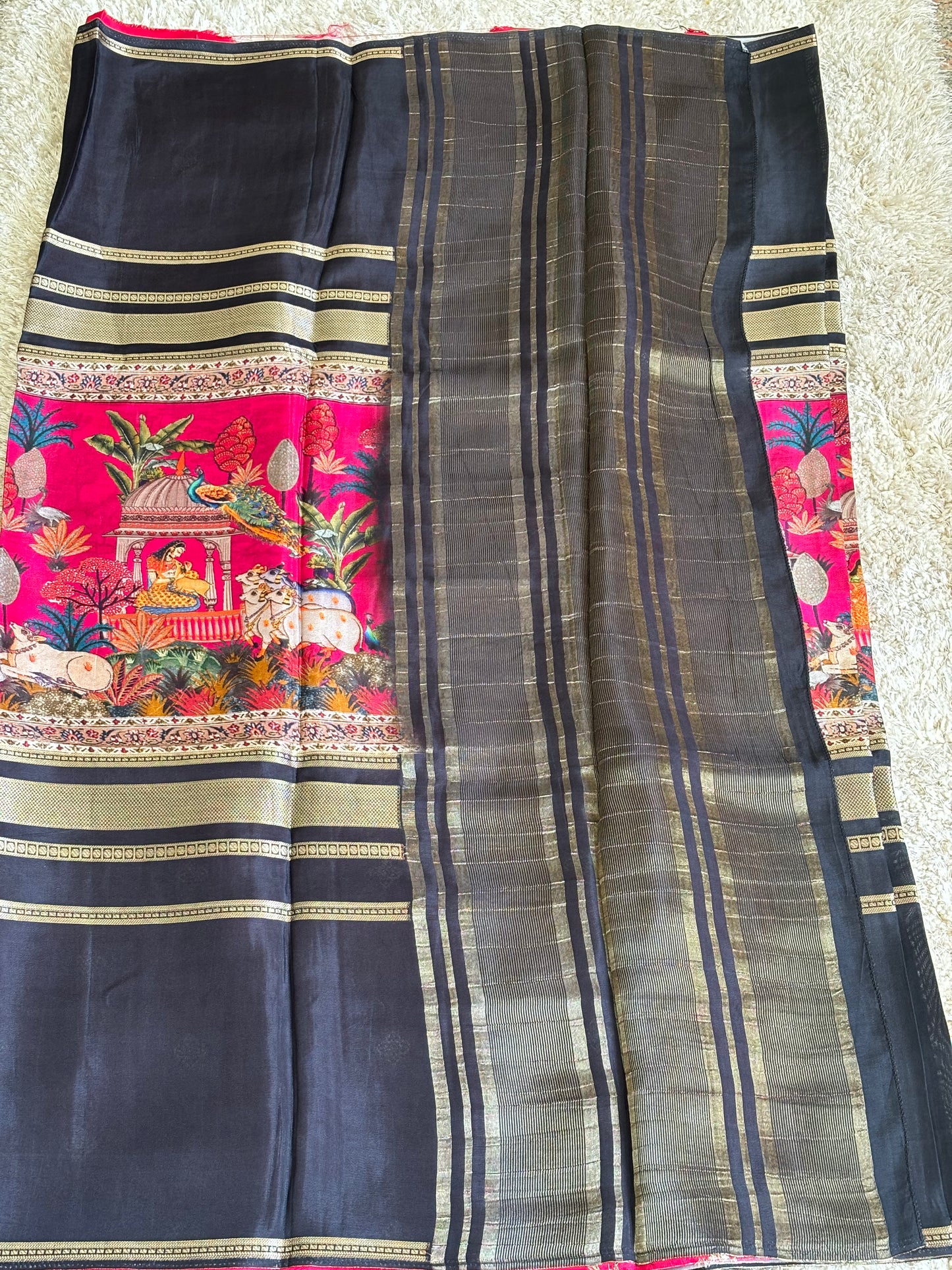 Digital Print Crepe Silk : Black & Pink - TN093