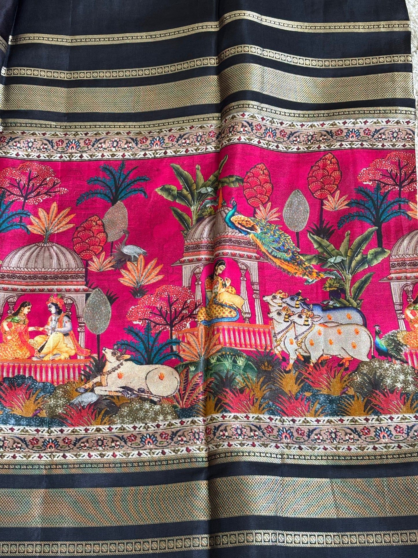 Digital Print Crepe Silk : Black & Pink - TN093