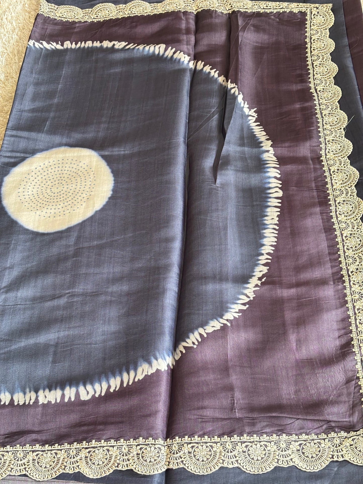 Tie Dye Satin Tussar with Scallop Work : TN097