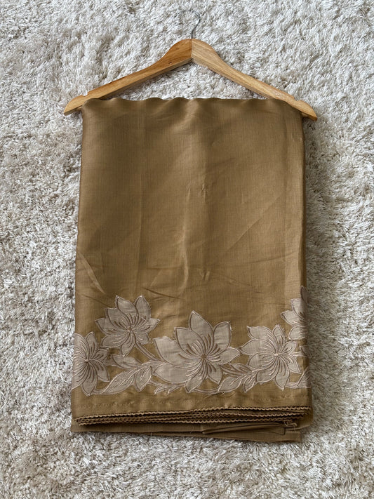 Pure Satin Tussar with Applique Work : Golden Brown - TN098