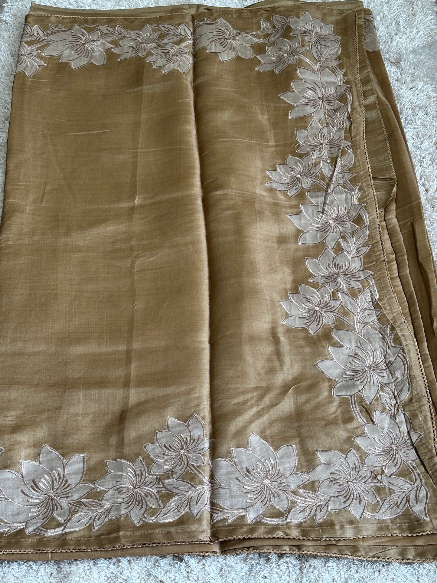 Pure Satin Tussar with Applique Work : Golden Brown - TN098