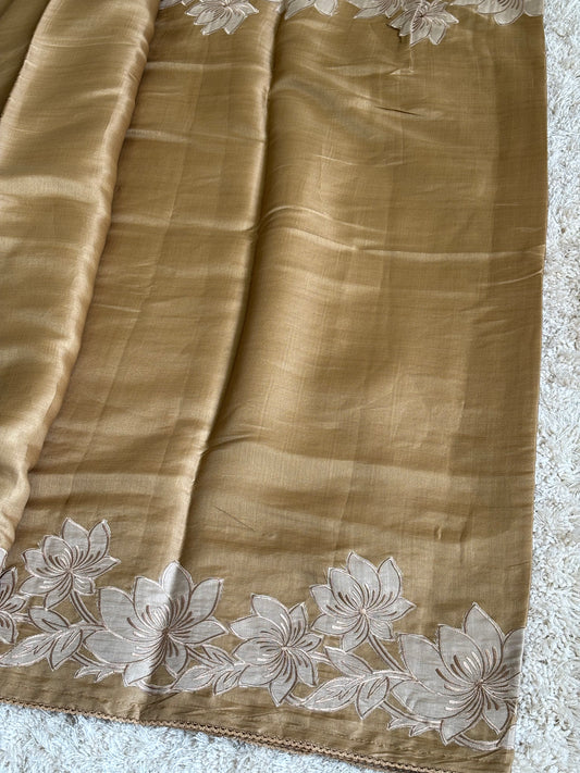 Pure Satin Tussar with Applique Work : Golden Brown - TN098