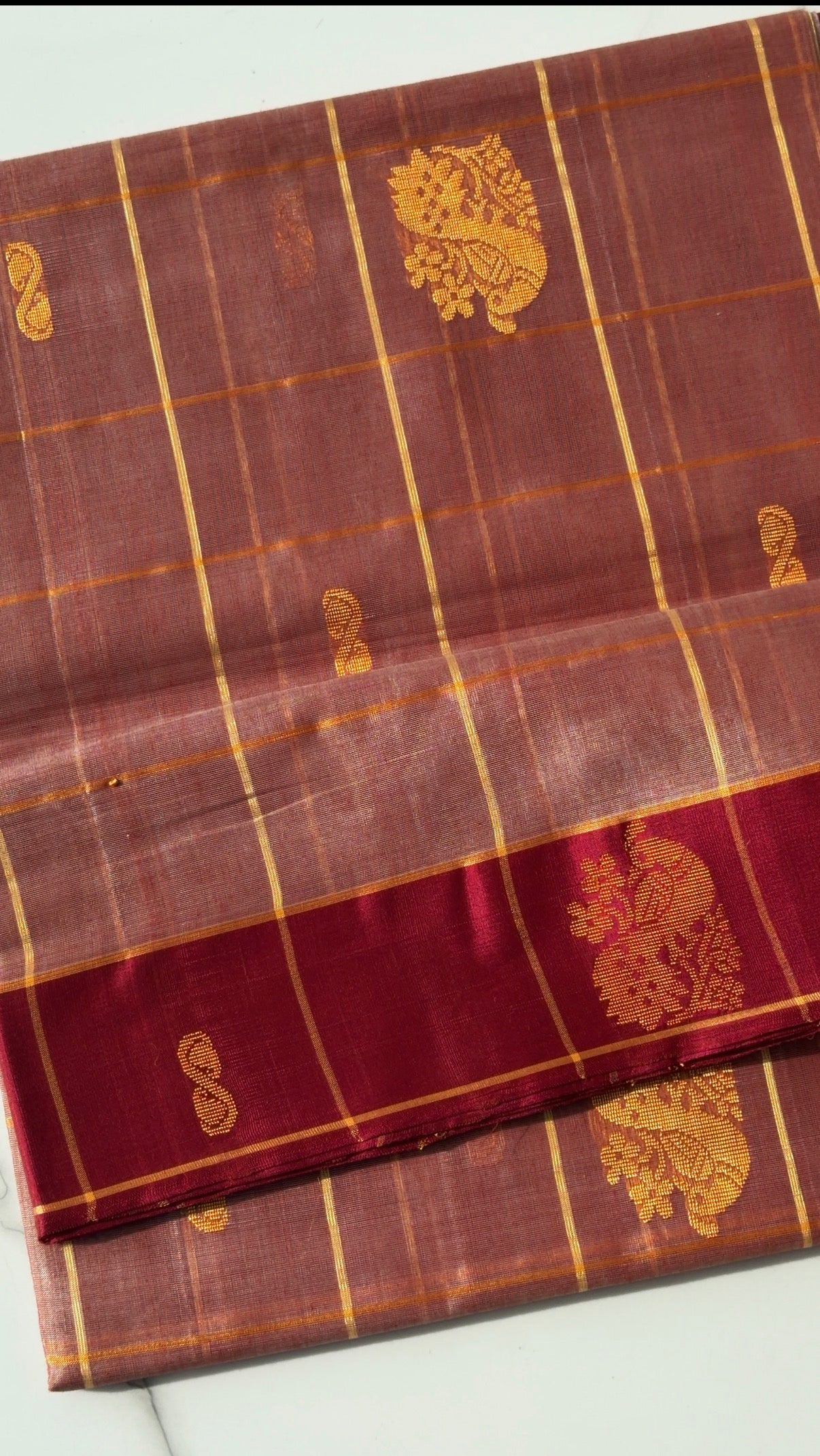 Vegan Silk Saree(Peach and maroon)- TN391