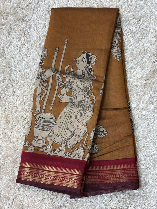 Mashru Silk with Kalamkari Print : Mustard - TN039
