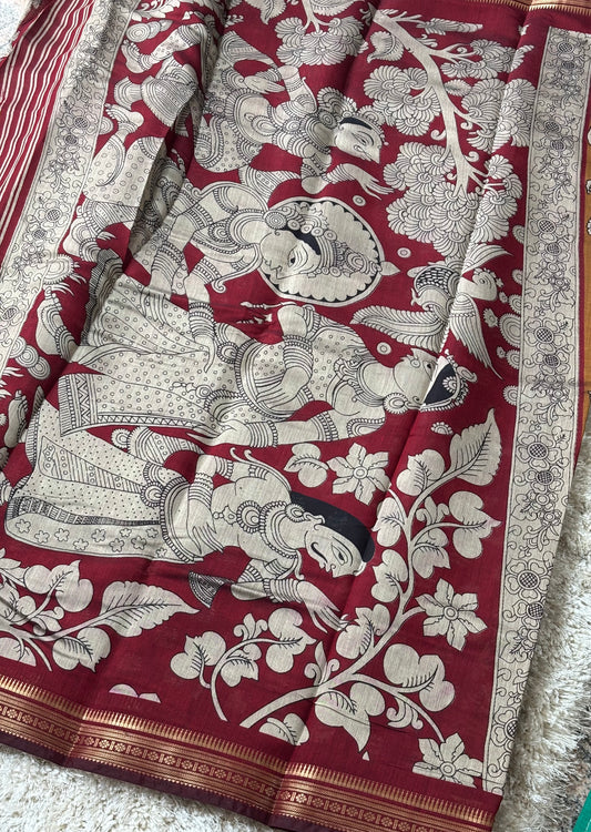 Mashru Silk with Kalamkari Print : Mustard - TN039