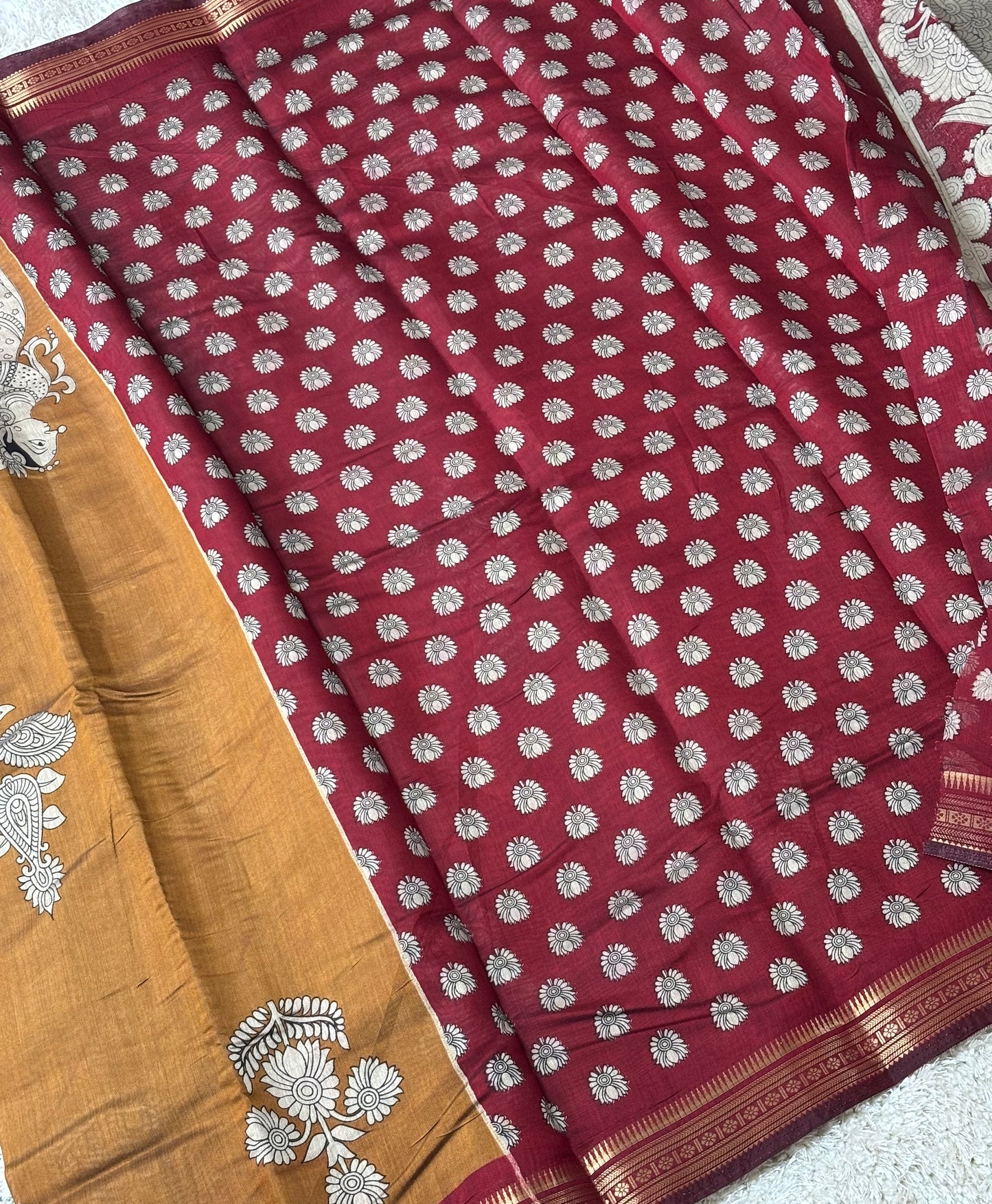 Mashru Silk with Kalamkari Print : Mustard - TN039