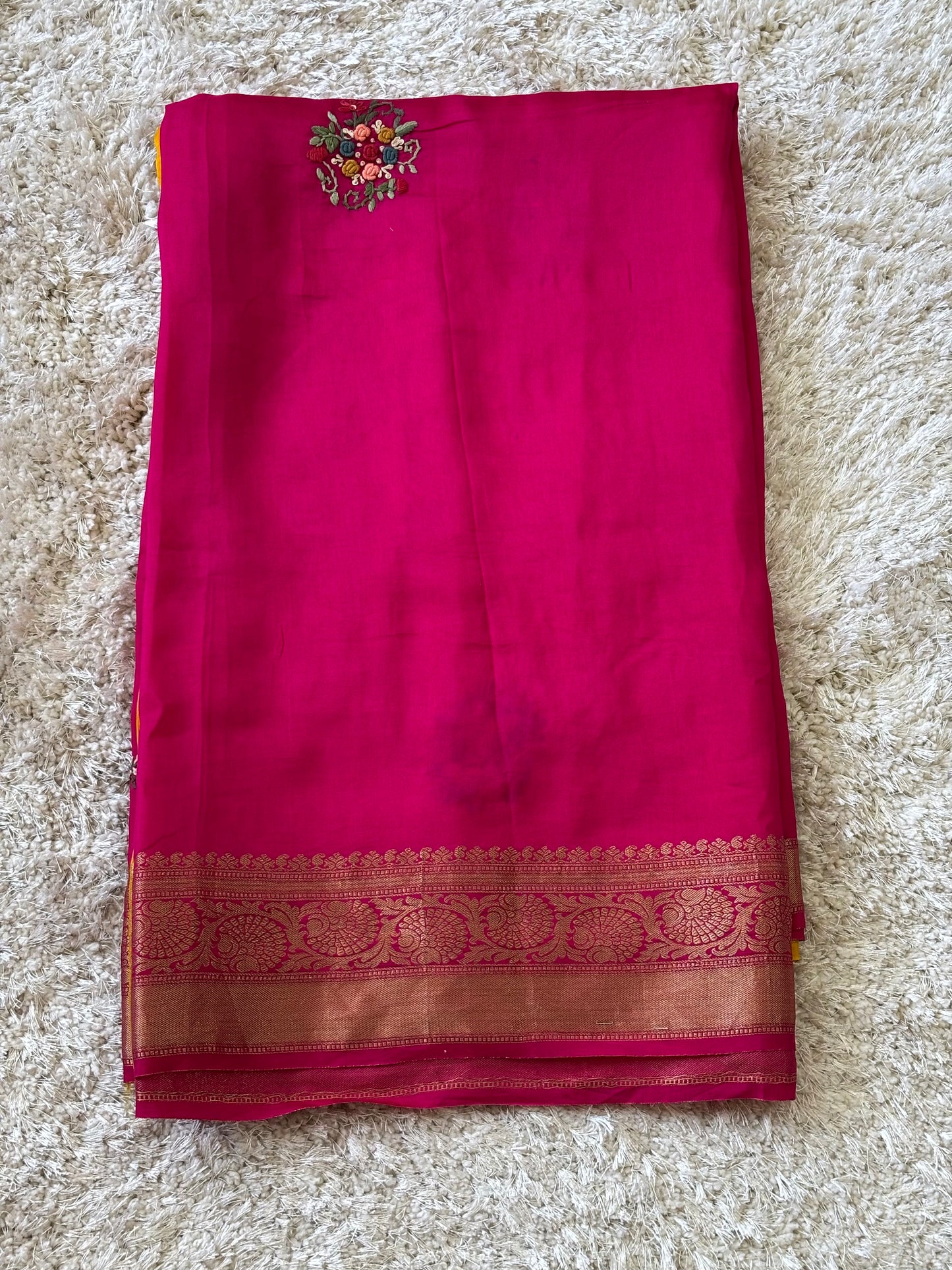 Rani Pink Semi - Silk Embroidered Saree : TN061