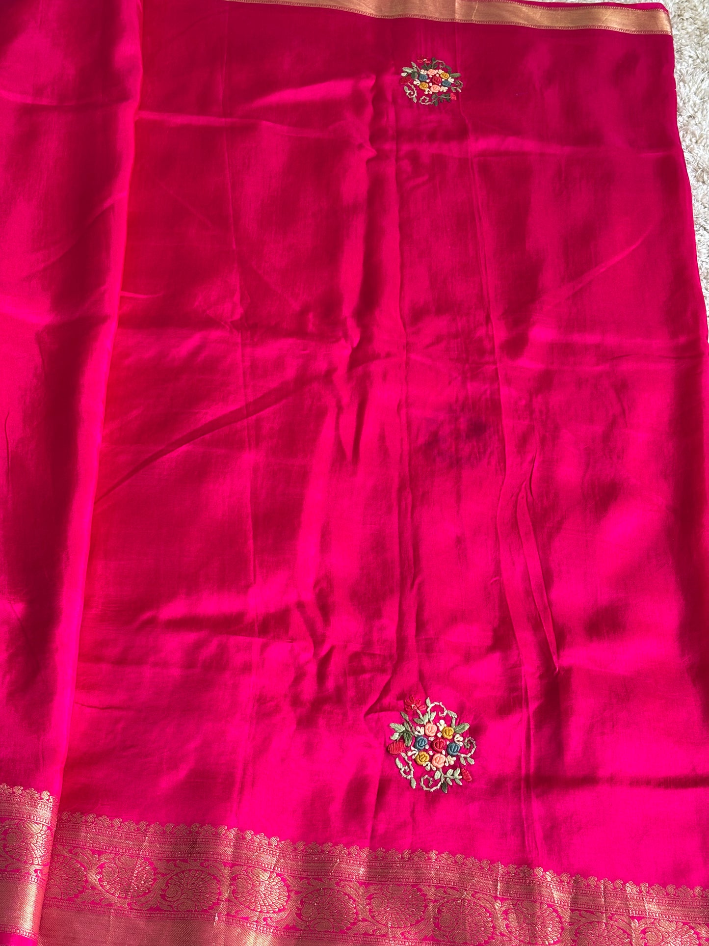 Rani Pink Semi - Silk Embroidered Saree : TN061