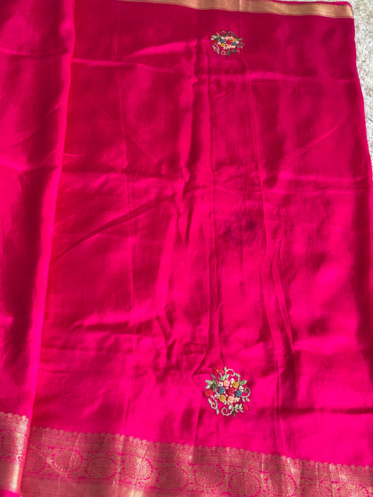 Rani Pink Semi - Silk Embroidered Saree : TN061