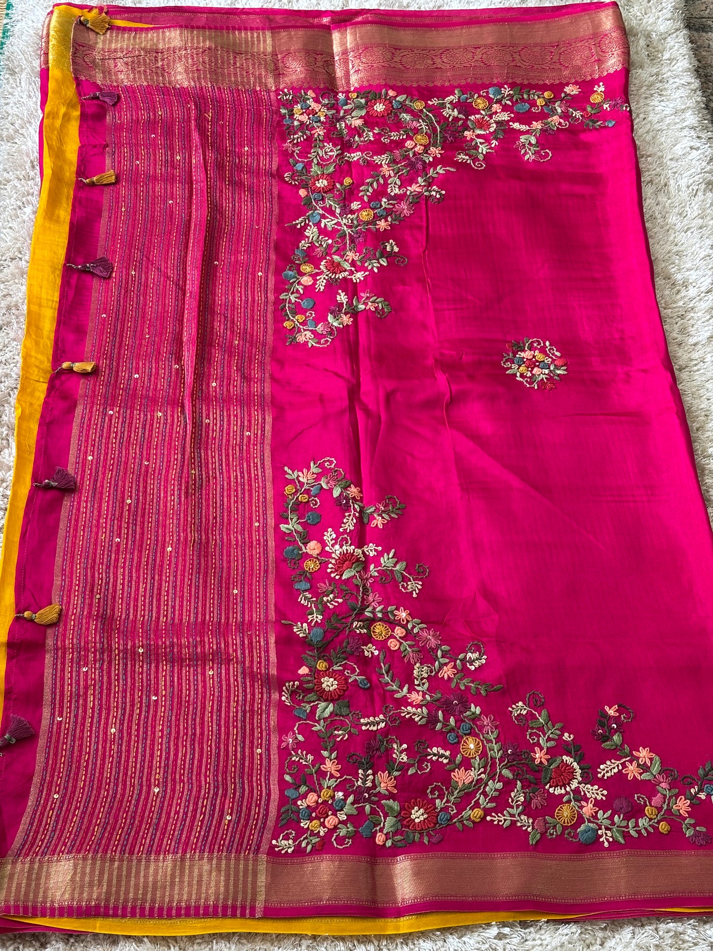 Rani Pink Semi - Silk Embroidered Saree : TN061