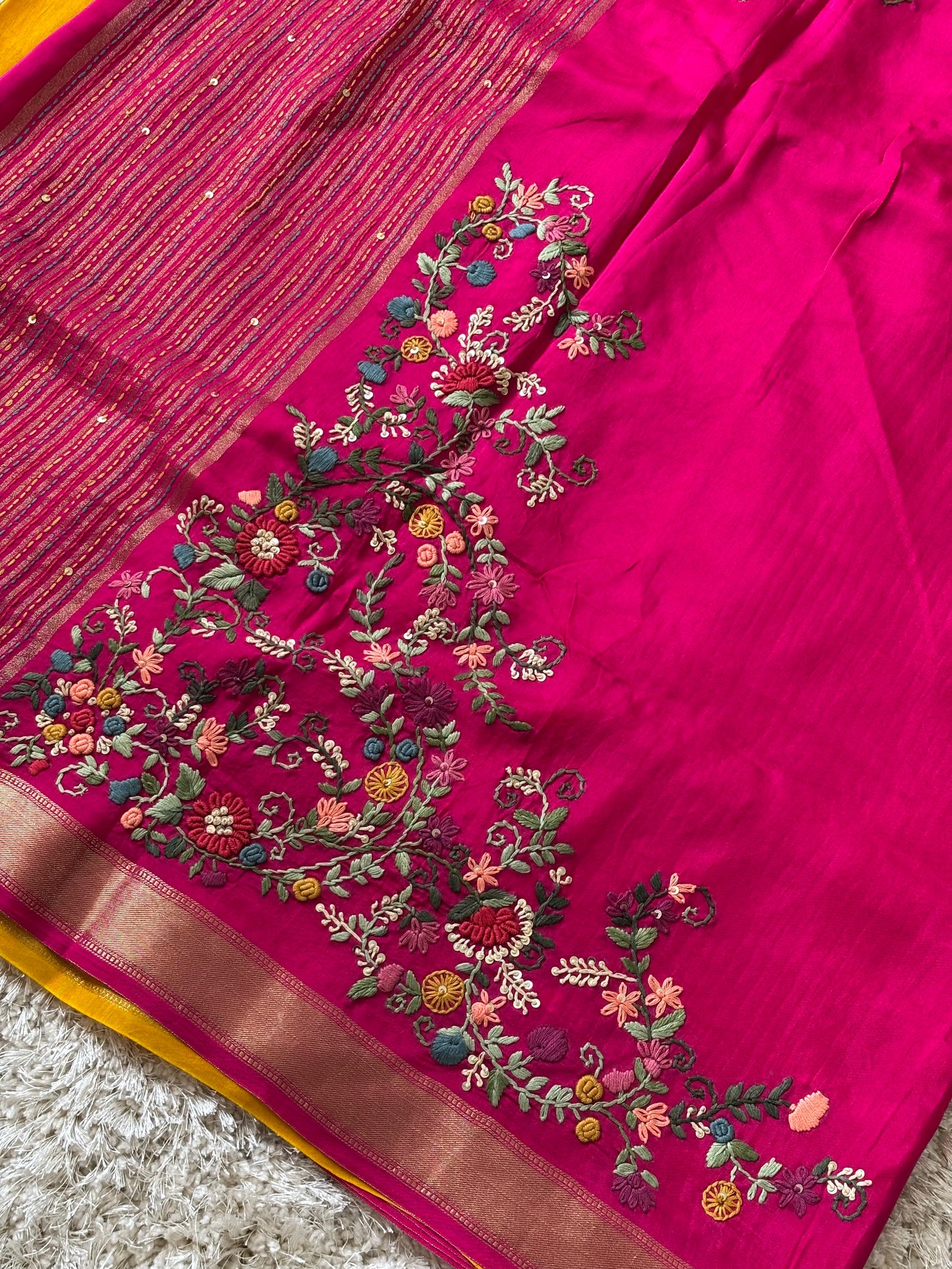 Rani Pink Semi - Silk Embroidered Saree : TN061