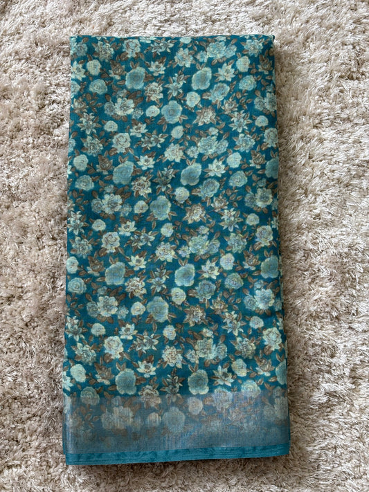 Linen Cotton Saree : Blue - TN013